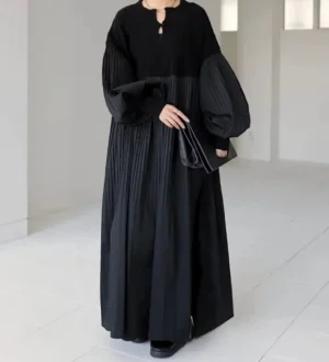 فستان اسود نسائي طويل بتصميم كاجوال وأكمام طويلة من القطن والبوليستر