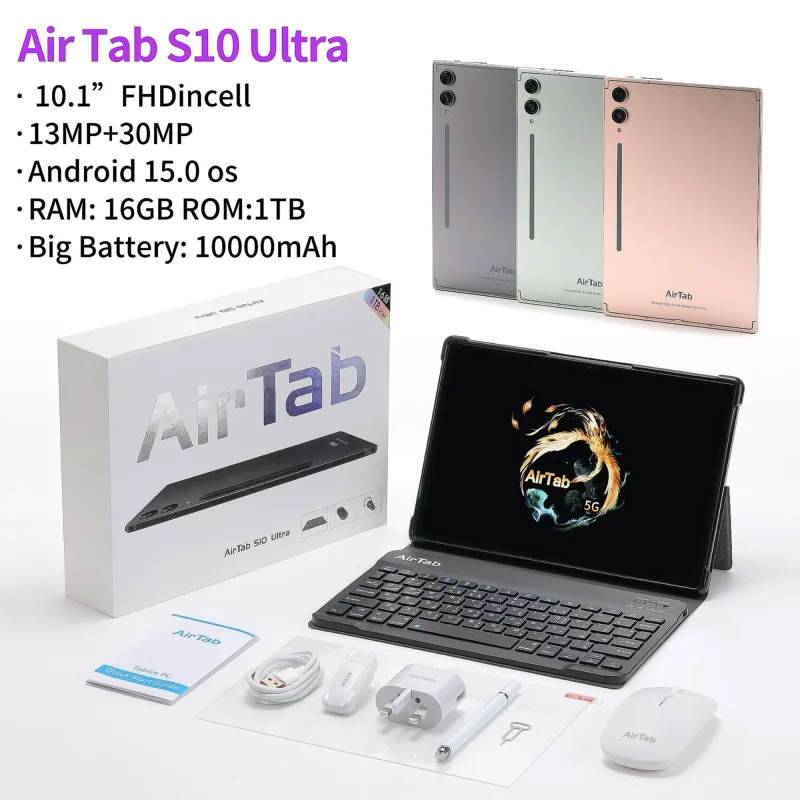 تابلت AirTab S10 Ultra بشاشة 10.1 بوصة مع كيبورد مغناطيسي وماوس لاسلكي وقلم لمس