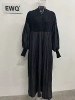 فستان اسود نسائي طويل بتصميم كاجوال وأكمام طويلة من القطن والبوليستر