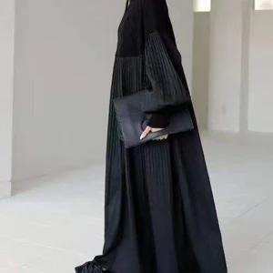 فستان اسود نسائي طويل بتصميم كاجوال وأكمام طويلة من القطن والبوليستر