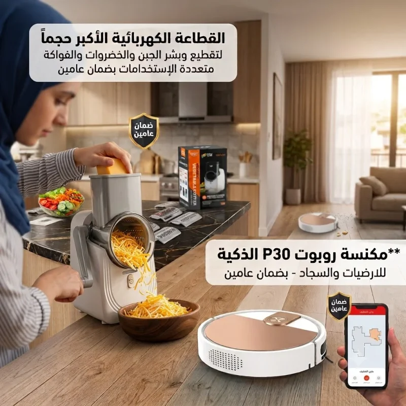electric-slicer-robot-vacuum-p30 القطاعة الكهربائية متعددة الاستخدامات مع مكنسة روبوت P30 الذكية لتنظيف الأرضيات والسجاد