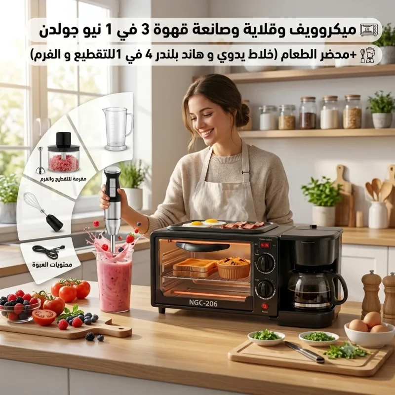 ميكروويف وقلاية وصانعة قهوة 3 في 1 مع محضر طعام وخلاط يدوي 4 في 1